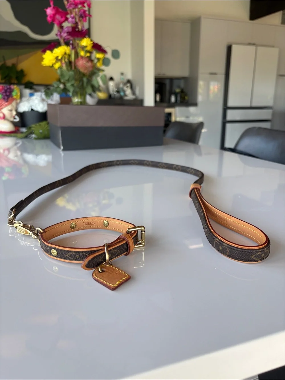 Louis Vuitton Brown Monogram Leather Dog Collar and Leash Set